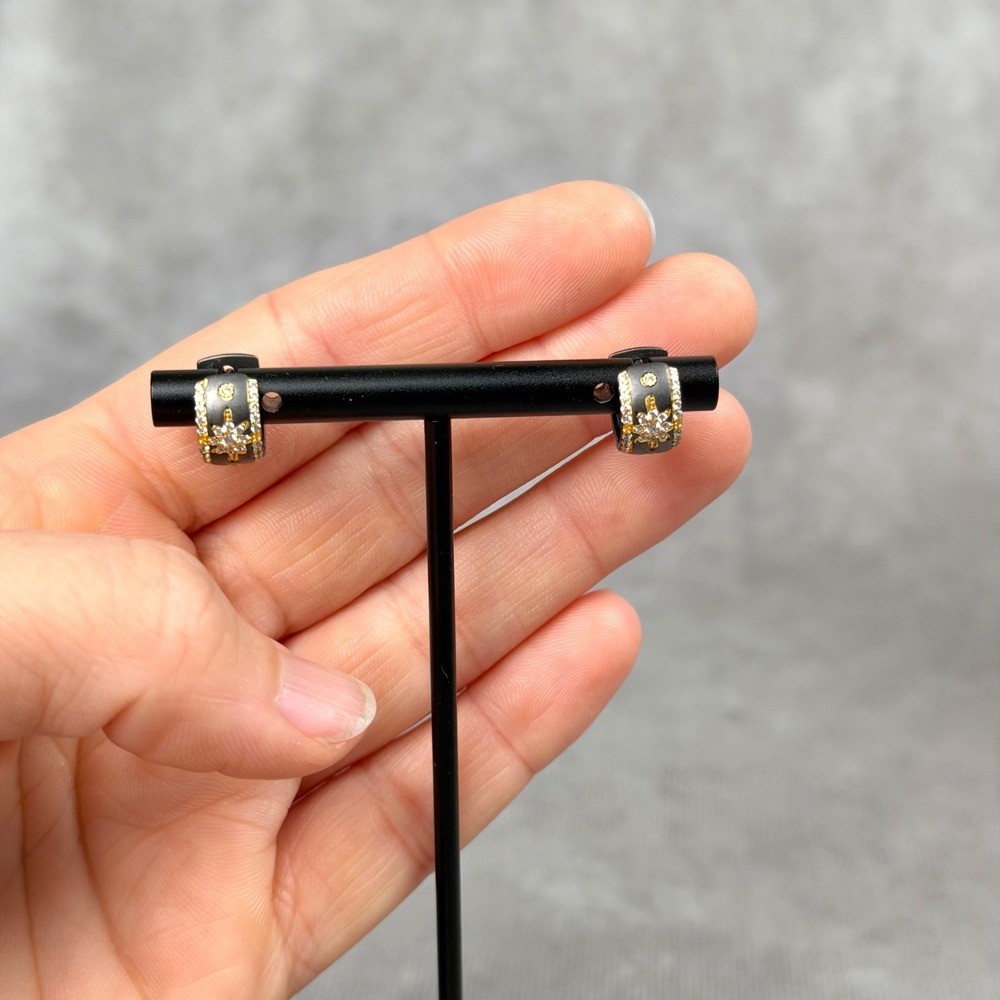 Freida Rothman Black Rhodium Sterling Silver Starburst CZ Huggie Hoop Earrings